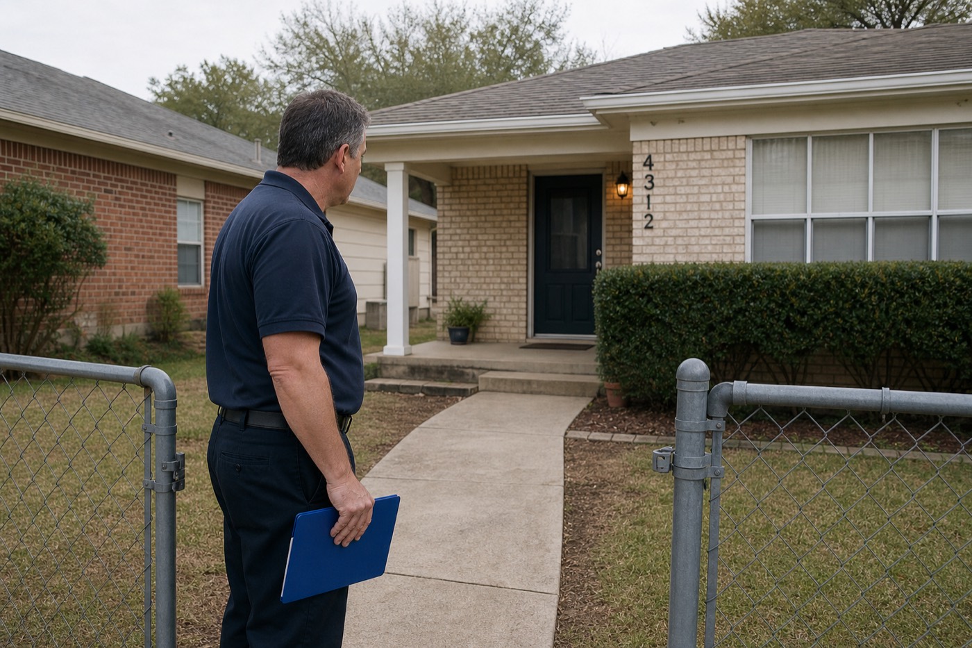 Checking the front walk and house numbers the way an arriving crew would.