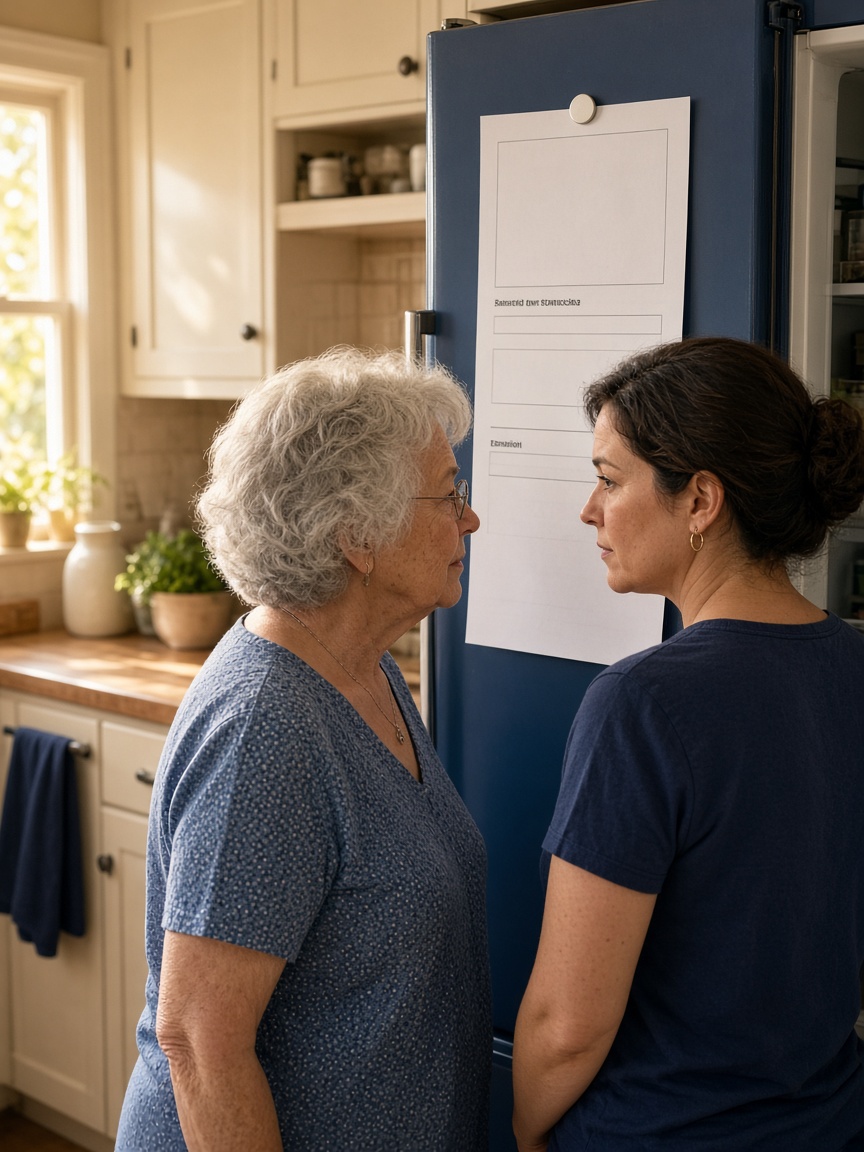 An adult daughter and her mother reviewing a posted household information sheet on the refrigerator.