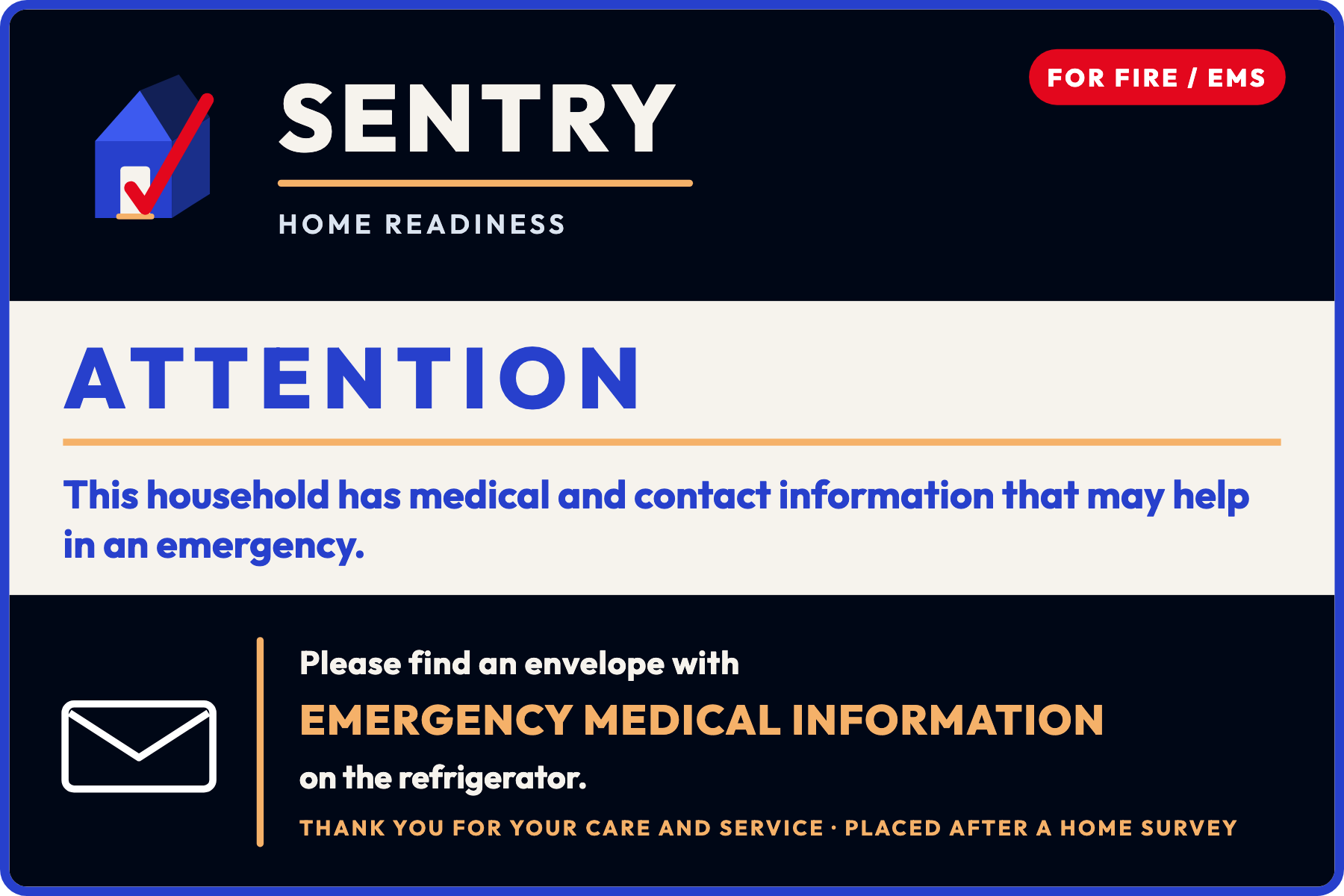 Sentry Home Readiness window sticker for Fire and EMS pointing crews to emergency information on the refrigerator.